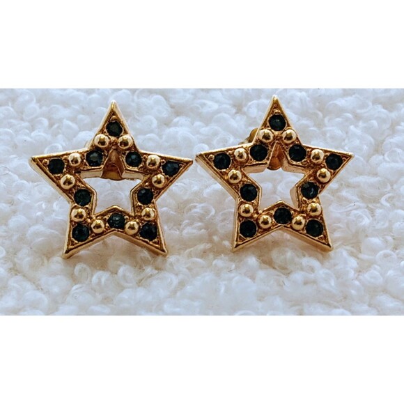 Vintage AVON Signed Sparkle Star Earrings Blue Rhinestone Goldtone 3.4 in - Picture 2 of 8